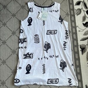 White Sleeveless Dress with Black Graphic Print